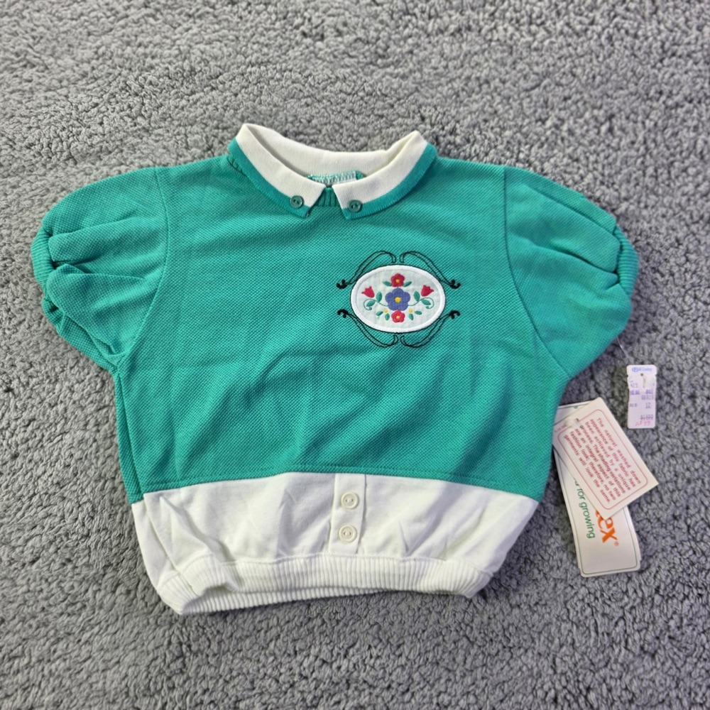 Vintage Health-tex Kids Teal White Floral Knit Top Puffed Sleeve Size 6